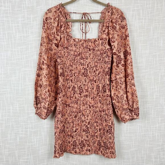 Free People Smock To Me Puff Sleeve Ruched Apricot Pink Floral Mini Dress Small - Picture 2 of 7